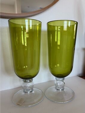 Pottery Barn Green Glass Hurricane Vases Set 2 Large 13” Candle Holders